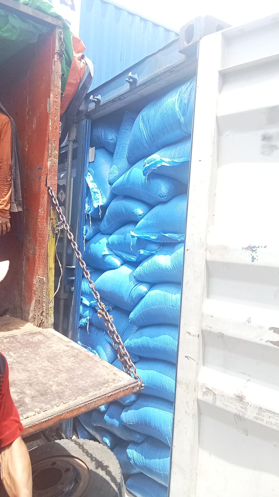 Blue sacks packed inside a shipping container